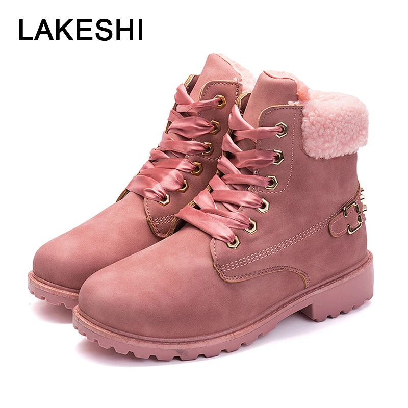LAKESHI/женские ботильоны; кожаные ботильоны; женская обувь; розовые теплые женские ботинки; зимние ботинки с заклепками; Шелковая женская обувь на шнуровке