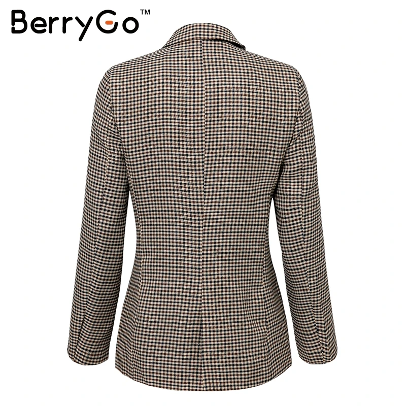 BerryGo модный двубортный клетчатый блейзер с длинным рукавом, приталенный офисный Женский блейзер, повседневный осенний пиджак, женские блейзеры