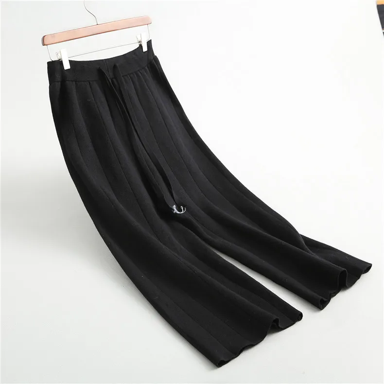 2020 Fall Winter Women Loose Casual Pants Lace UP Elastic Waist Wide leg Wool Knitted Straight Grey Black Beige | Женская одежда