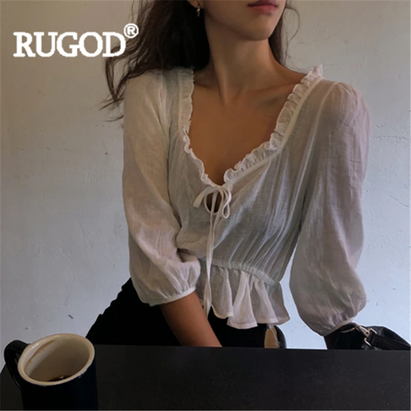 RUGOD Женская Однотонная футболка рубашка с квадратным воротником на шнуровке