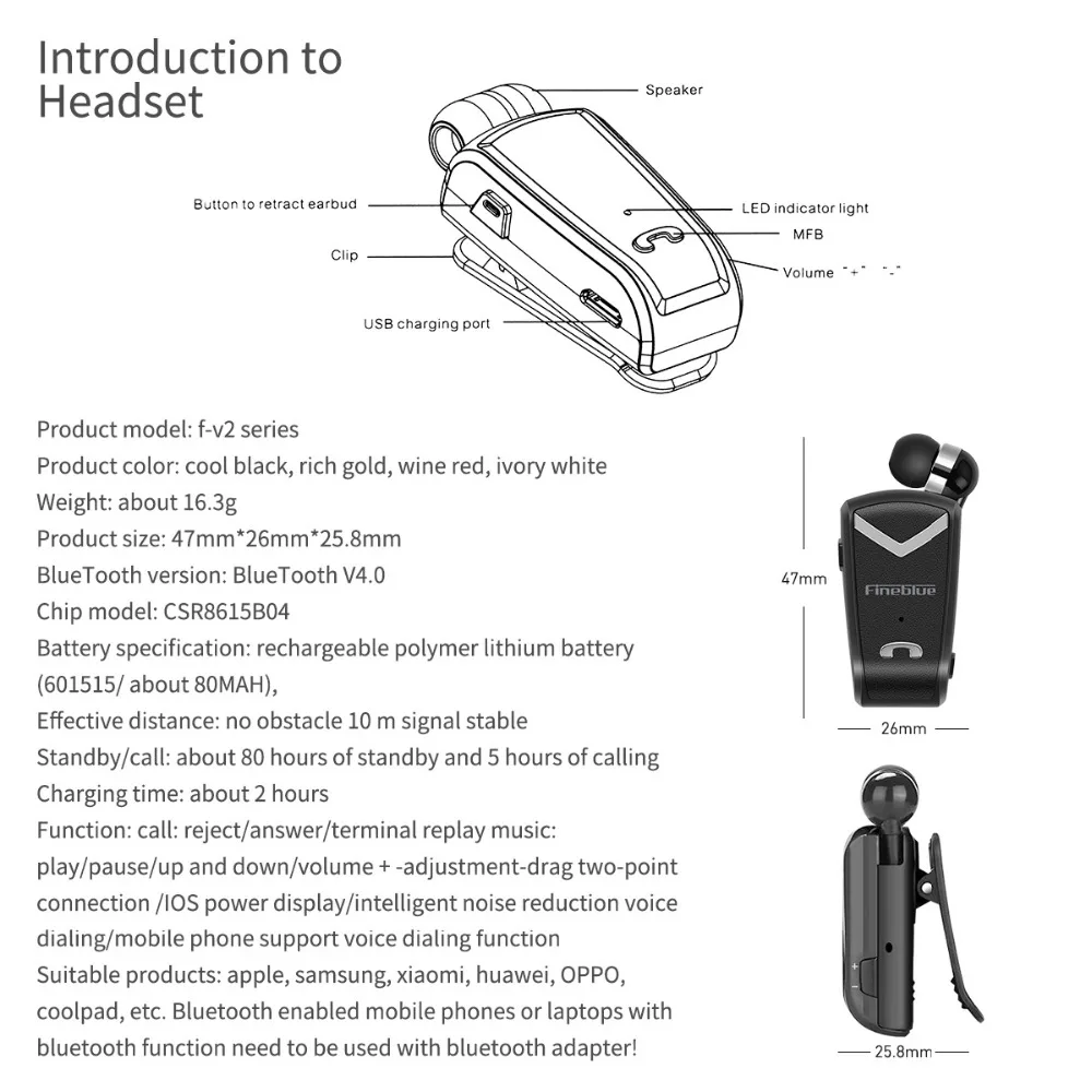FineBlue F-V2 Bluetooth стерео гарнитура в деловом стиле выдвижной BT 4,0 голосовые подсказки беспроводные музыкальные наушники Xiaomi samsung