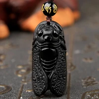 natural black obsidian animal carved cicada blockbuster pendant lucky necklace fashion jewelry party gift charm pendant chain