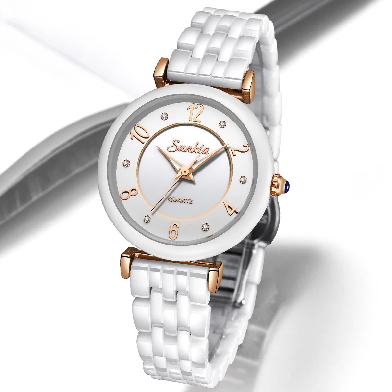 SUNKTA White Ceramic Diamond Quartz Clock Rose Gold Women Watches Waterproof Top Brand Luxury Watch Women Dress Relogio Feminino enlarge