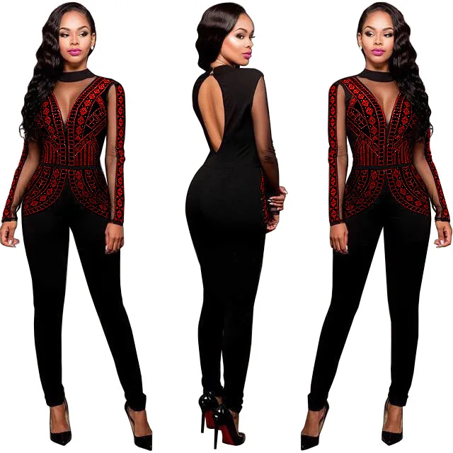 Сетка горячей бурения вечерние бинты Bodycon Комбинезоны S-XXXL плюс Размеры с длинным