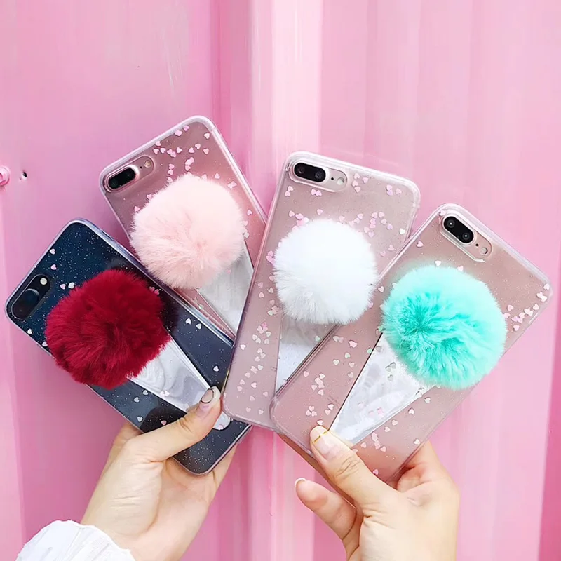 NPHACC Cute DIY Ice Cream Fur Ball Phone Case for Iphone 6 6S Plus 7 8 X Transparent Soft TPU Love Heart Back Cover Coque |