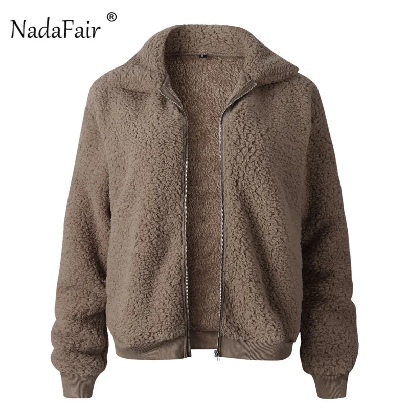 Nadafair шуба из искусственного меха Женская Осенняя зимняя пушистая плюшевая куртка пальто размера плюс верхняя одежда с длинным рукавом женское короткое пальто с отложным воротником
