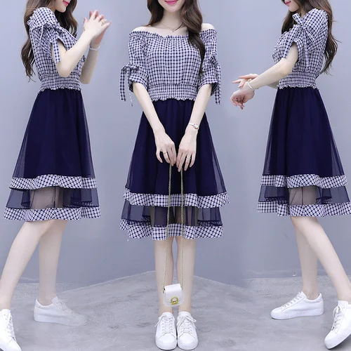 Женское платье с воротником-лодочкой 2019 летнее корейское в стиле преппи женский