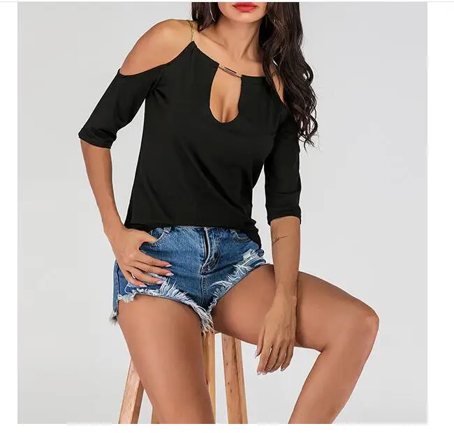 

New Fashion Women Sexy Tshirt Chic halter V Neck Summer Off Shoulder Tops T-shirt Solid Black Ladies Loose Summer Casual Tees