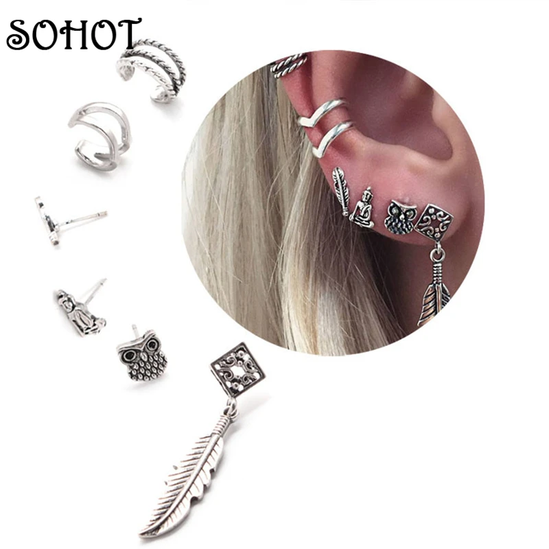 SOHOT, 6 шт., винтажные сережки-гвоздики серебряного цвета, наборы, Сова, перо, Будда, бохо, ювелирные изделия для женщин, Brincos Bijoux