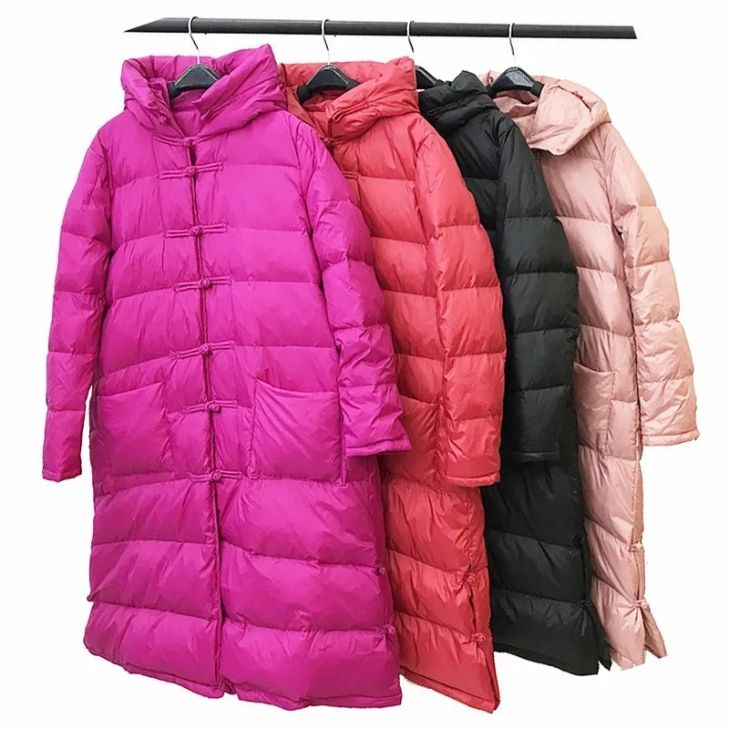 

2020 Winter Warm White Duck Down Coat Women Puffer Jacket Plus Size Hooded X-long Down Parks Frog Button Padded Outerwear Okb93