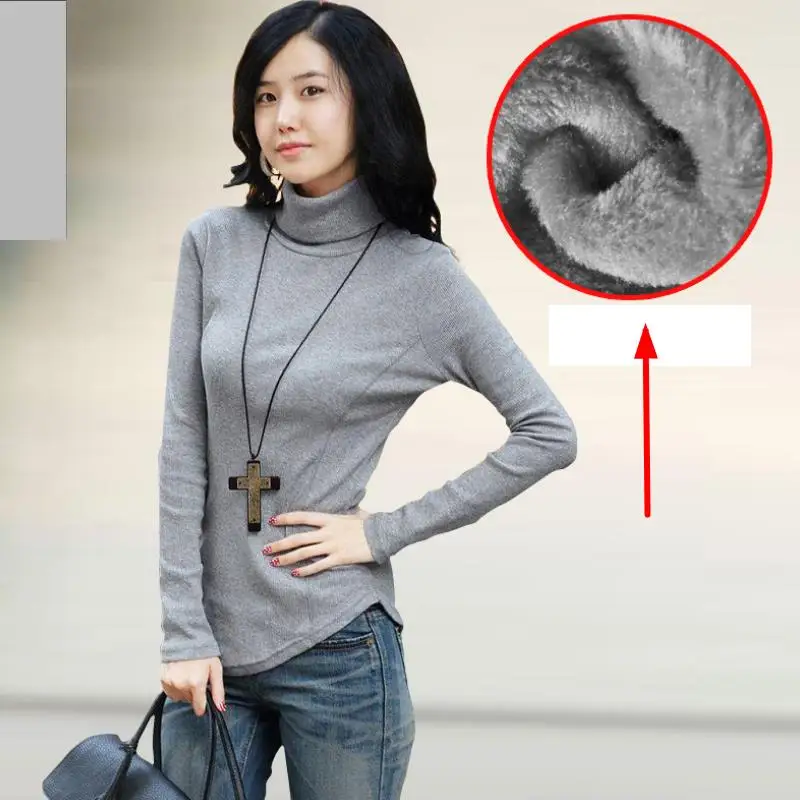 Зимний бархатный утепленный кашемировый свитер Женская однотонная водолазка с