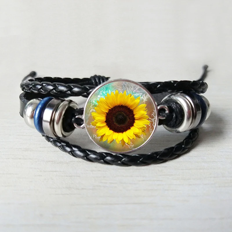 

Sunflower Black Leather Bracelet Sun Flower Bracelet When Hand Ornaments Round Glass Bracelet Friends Gift