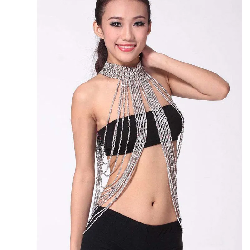 Женский костюм для танца живота длинные бусы колье золотистого/серебристого