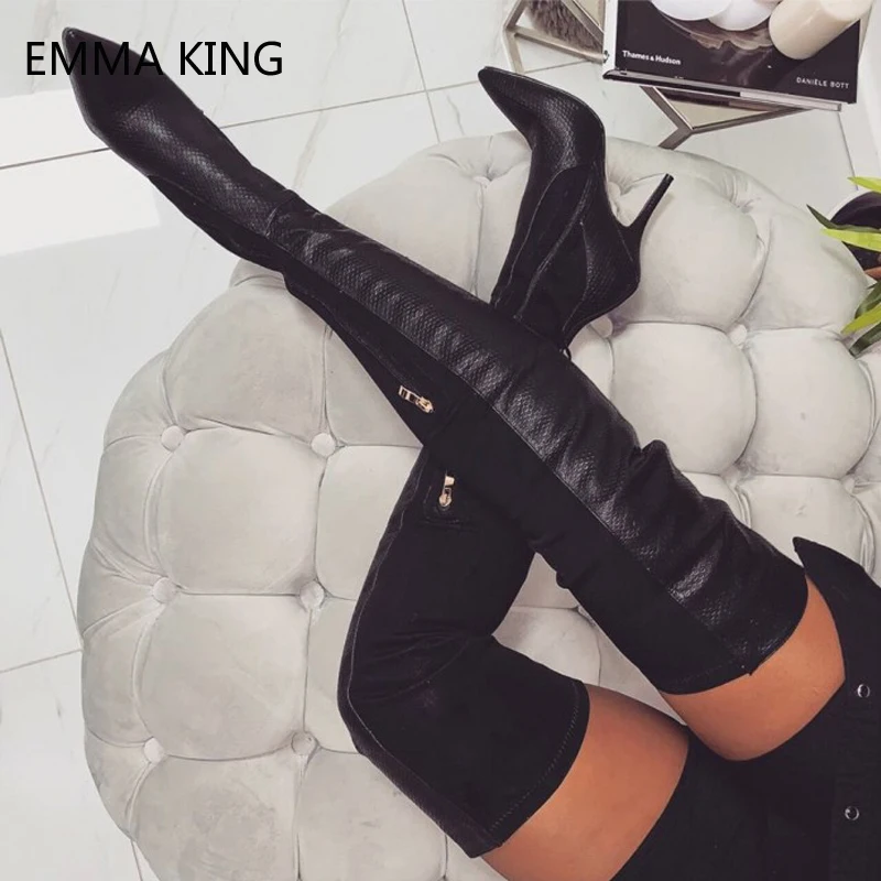 Черные Сапоги выше колена женские сапоги до бедра из змеиной кожи с принтом на