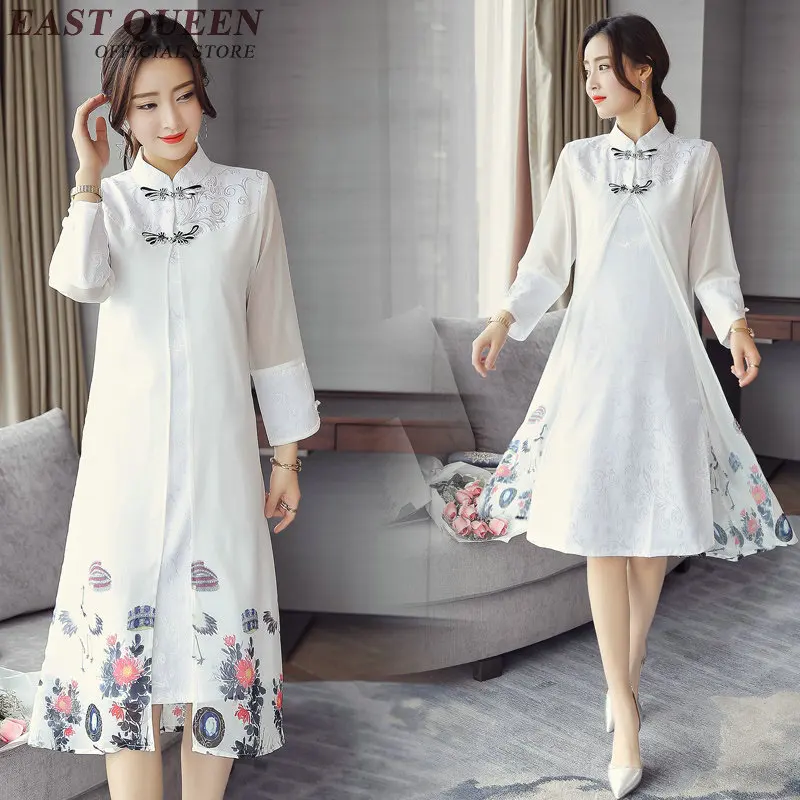 Китайское платье qipao с разрезом спереди винтажное восточное длинным рукавом
