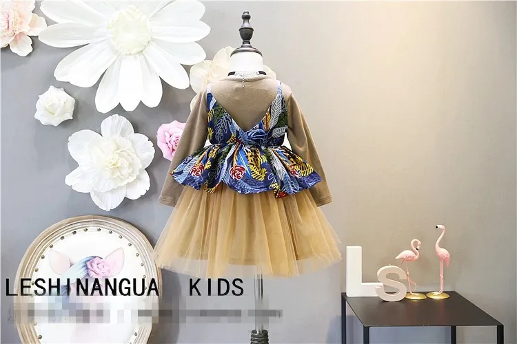 2018 children's girls clothes suit autumn new cotton solid color dress+flower pattern shoulder vest 2pcs kids sets 3-7Y | Детская