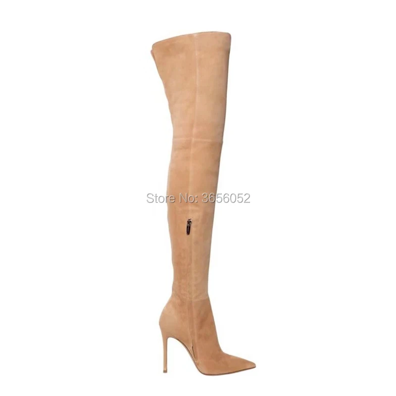 Фото Qianruiti/Botines Mujer; цвет черный, серый, абрикосовый; пикантные женские туфли из искусственной замши на шпильке; очень длинные ботинки; высокие сап... №3