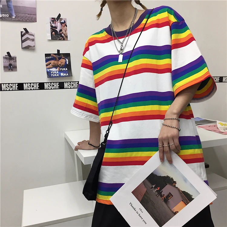 Летние повседневные футболки для женщин, Корейская одежда Ulzzang Harajuku, полосатая футболка с коротким рукавом, Женская свободная футболка