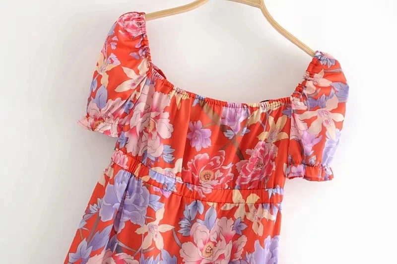Vintage Chic Floral Print Buttons Maxi Dress Women Fashion Square Collar Short Sleeve Pleated Dresses Casual Vestidos Mujer