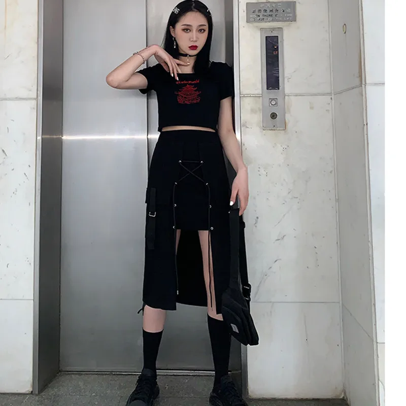 Черная Асимметричная юбка А силуэта в стиле Харадзюку с завышенной талией летняя