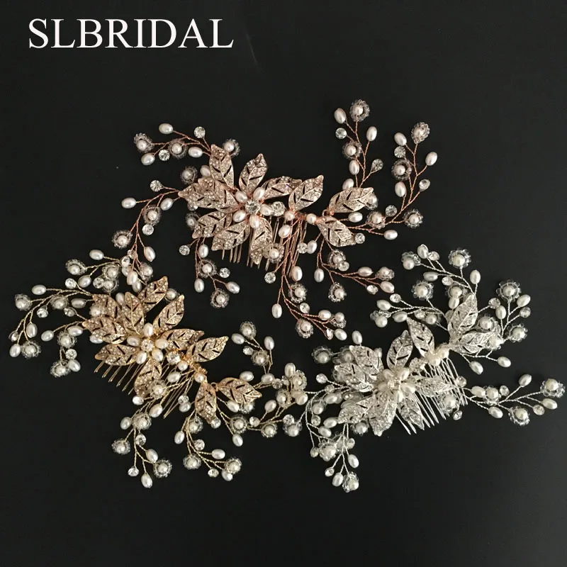 SLBRIDAL ручной работы Проводные хрустальные стразы цветок лист свадебный гребень для волос Свадебные аксессуары для головных уборов ювелирные изделия для подружек невесты