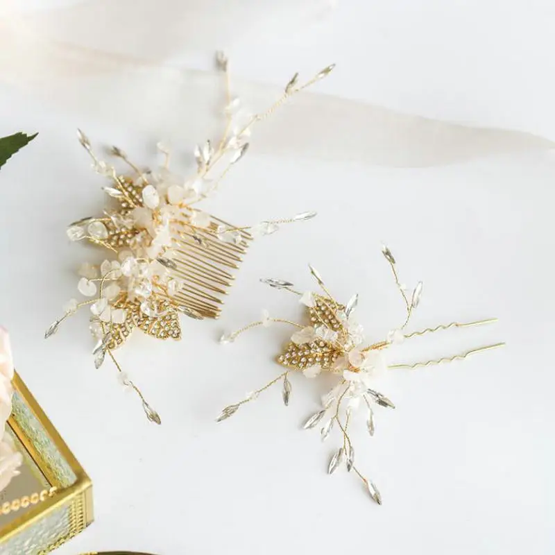 White Crystal Hair Comb Gold Leaves Bridal Accessories For Women Wedding Headpiece Jewelry | Украшения и аксессуары