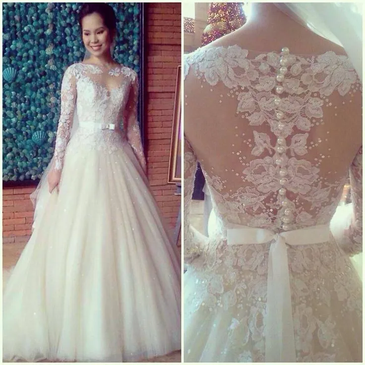 

Hot Selling 2017 New Wedding Dress Sheer Lace Long Sleeves Buttons Back A-Line Tulle Wedding Dresses Vestido de noiva XYR128