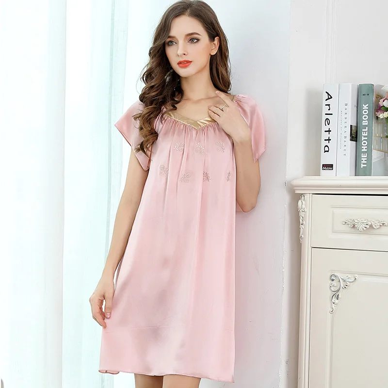 100% Шелковая атласная ночная рубашка из тутового шелкопряда женская с вышивкой