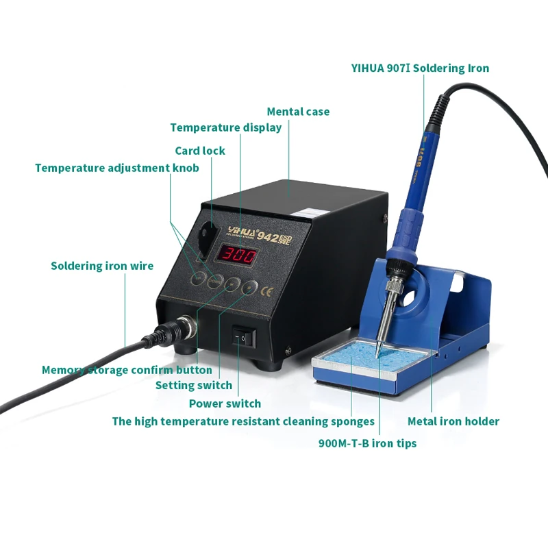 

YIHUA942 Soldering Stations Lead Free Imported Heater ESD Digital Soldering Station Repair Card Iron Soldering Station 110/220V