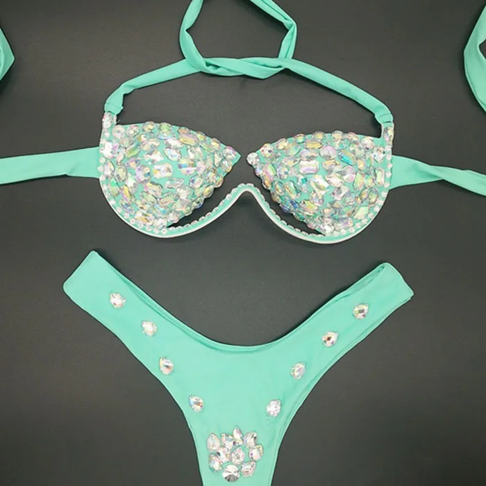 Shiny Crystal Rhinestones Bathing Suits Bandage Hollow Out Padded Sexy Tight Bikini Set Summer Beach Pool Women Swimming Suits - Цвет: light blue
