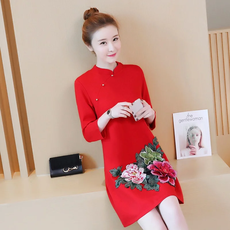 Женское платье осень Cheongsam Qipao женское восточное платье размера плюс Красное Ретро Новогоднее платье Элегантное китайское платье TA1599 - Цвет: 2
