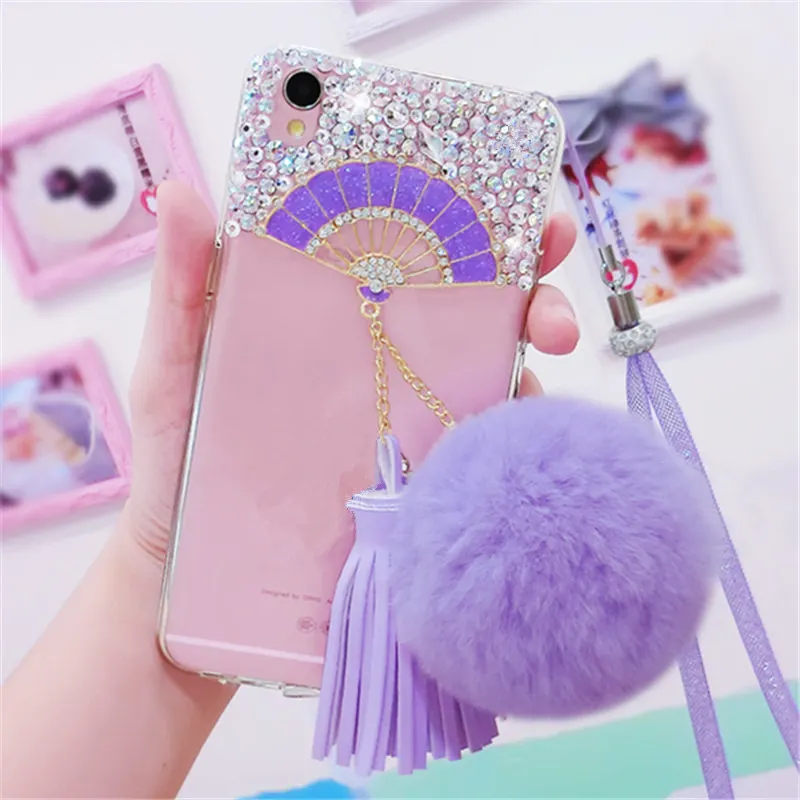 Для iPhone 6 6S 7 8 Plus X XS MAX XR Блестящий Вентилятор Стразы чехол для телефона кисточки