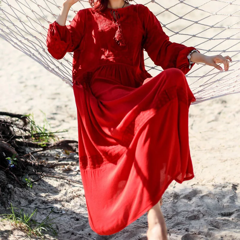 Длинное винтажное платье большого размера с вышивкой и длинным рукавом на