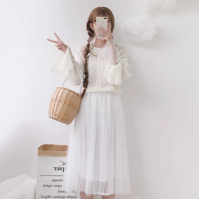 Women Cute Knitted Sweater Hollow Out Long-Sleeved Pink Sweet Sweaters Mesh Patchwork Bow Lace-up Knit Jumper Pullovers | Женская одежда