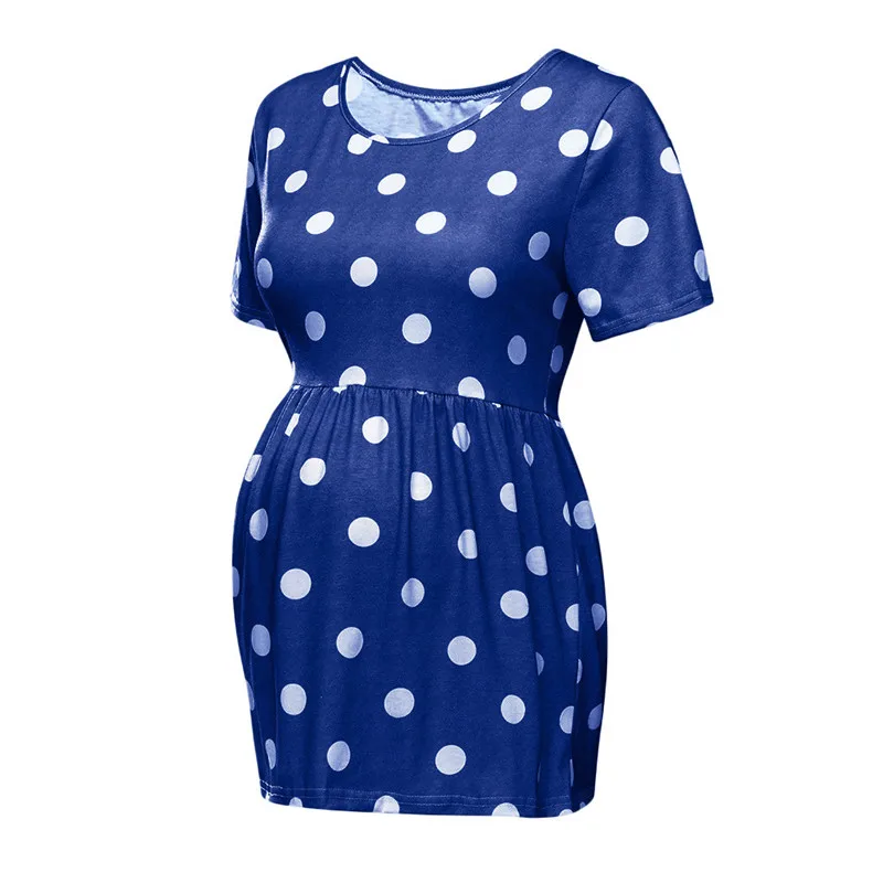 Blue Новые Топы в горошек для беременных, футболка с короткими рукавами для беременных, хлопковая одежда для беременных, футболка Allaitement, Прямая поставка 2 - Цвет: Blue
