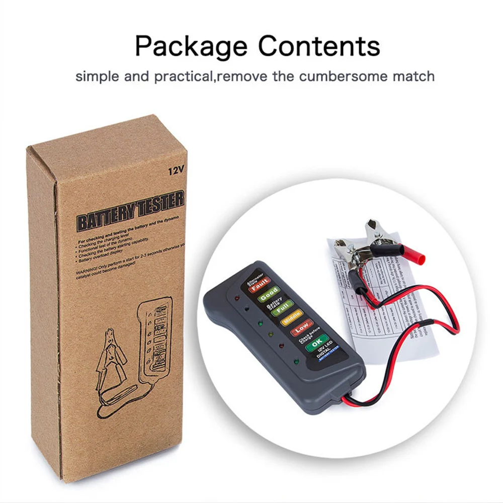 

12V 6LED Display Car Battery And Alternator Tester for Car Motorcycle Truck Battery Tester with Two Clips