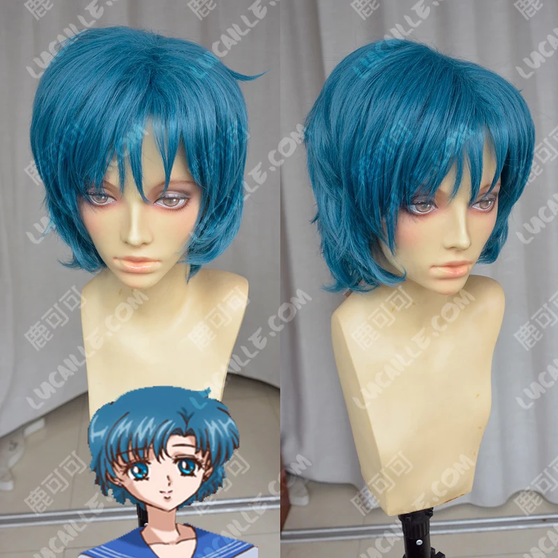 

Mizuno Ami Blue Short Wig Cosplay Sailor Mercury Role Play Halloween Costume Wigs + Wig cap