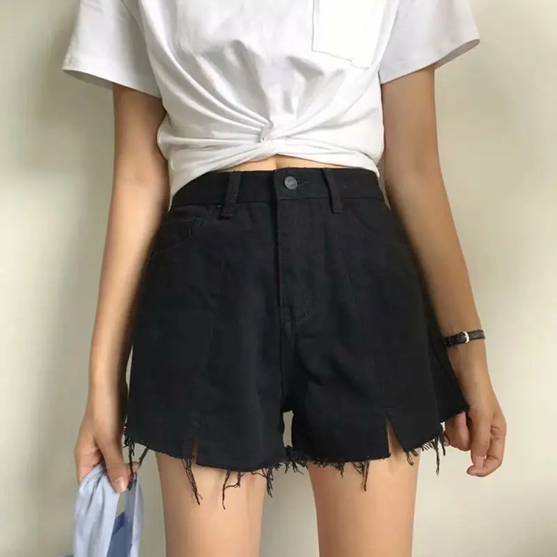 

Young Girls Denim High-waist Trousers Slim Wide-legged Fringe Cut Ribbed Hairy Fringe Female Jeans Summer Ladies Shorts