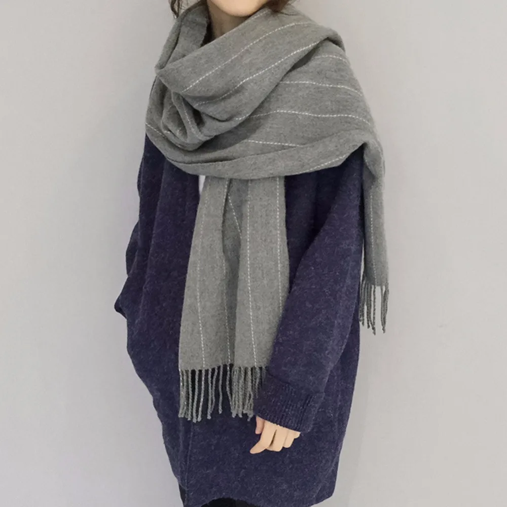 Дешевые унисекс полосы кисточкой шарф белый имитация кашемира утолщаются