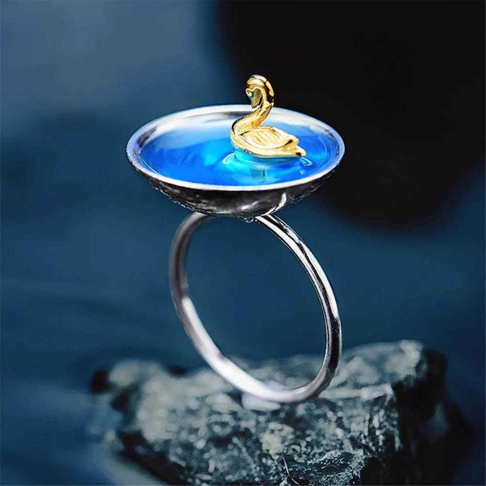 Lotus Fun Real 925 Sterling Silver Natural Creative Handmade Designer Fine Jewelry Poetic Swan In The Sea Rings for Women Bijoux | Украшения