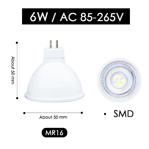 Светодиодный точечный светильник 6 Вт MR16 GU10 SMD 2835 lampara 12 в 110 В 220 В комнатный энергосберегающий настольный домашний декоративный Ампульный диодный светильник - Испускаемый цвет: MR16 6W SMD 85-265V