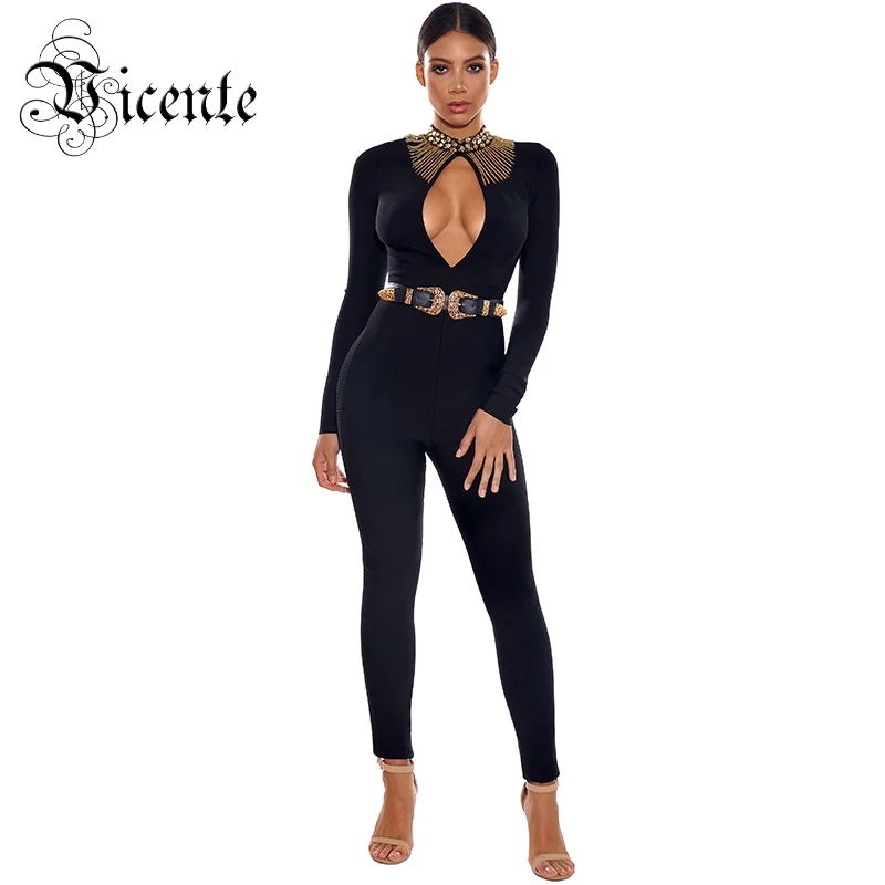 VC All Free Shipping HOT New Luxe Diamond Embellished Tassels Sexy Key Hole Celebrity Party Club Wear Bandage Jumpsuit