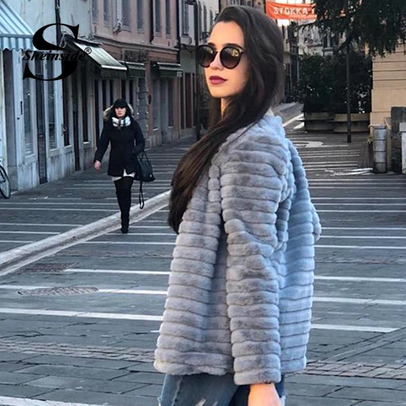 Sheinside, повседневное серое однотонное пальто из искусственного меха, плюшевое пальто, зимняя куртка для леди,, зимняя утепленная верхняя одежда для женщин, уличная одежда, пальто