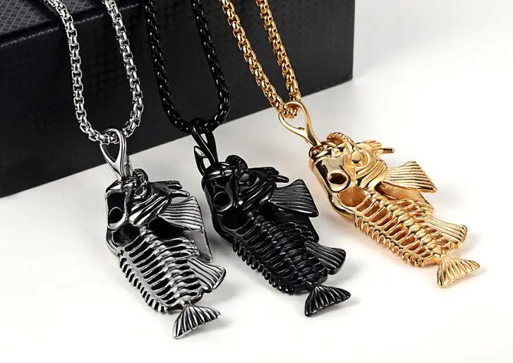 100PCS Hollow White Black Golden Jewelry Unique Fish Bone Pendant 22 &quotNecklace 316L Stainless Steel Punk Personality | Украшения и