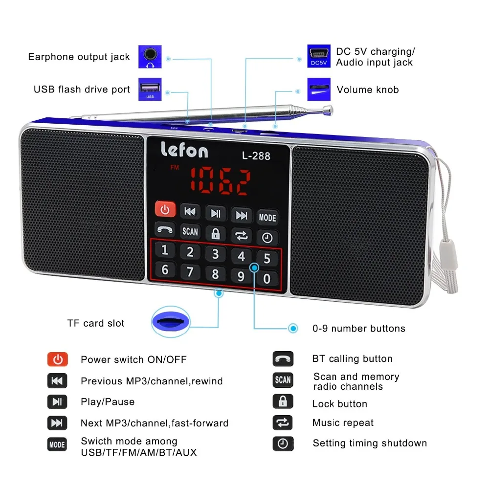 Lefon Портативный AM FM Радио стерео приемник Bluetooth беспроводной динамик поддержка TF SD карты USB диск AUX MP3 светодиодный дисплей громкой связи