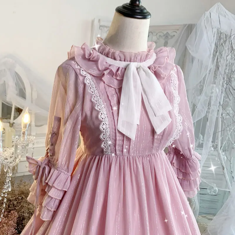 Only OP Dress Greene Story/милое летнее шифоновое платье принцессы в стиле Лолиты; платье феи; розовое платье с кружевным бантом; многослойное платье с оборками и длинными рукавами - Цвет: Only OP Dress