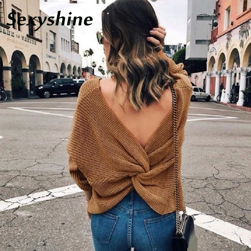 

Sexy deep v neck sweater women spring autumn backless fashion long sleeve twisted cross tie knot knitted pullovers tops jumpers