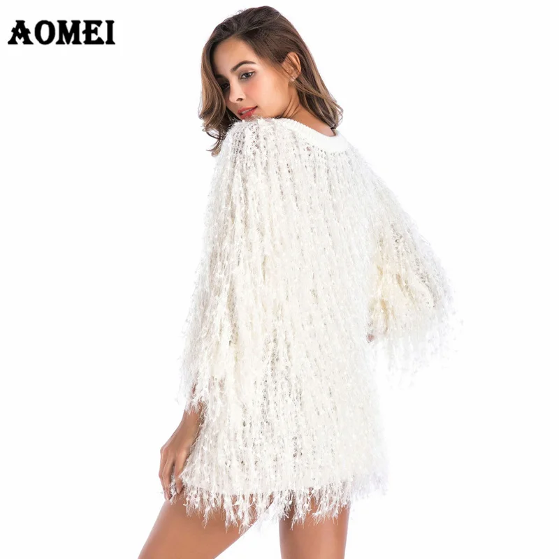 Autumn Faux Fur Crocheted Tassel Fluffy Sweater 2019 Women Tops Three Quarter Fashion Long Party Pullover Femme Winter Warm Wear | Женская