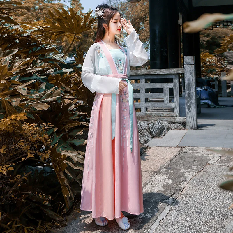 Женский танцевальный костюм Hanfu розового цвета с вышивкой для выступлений наряд