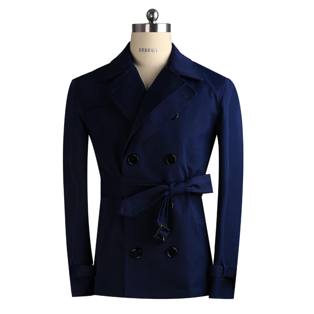 

URSMART Authentic short style navy blue men's windbreaker double row buckle removable collar windbreaker men's casual men's wind